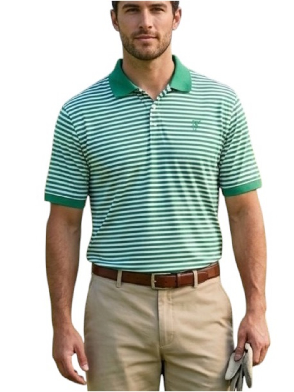 Ashworth Golf Company green and white striped short-sleeve golf polo shirt Sz L